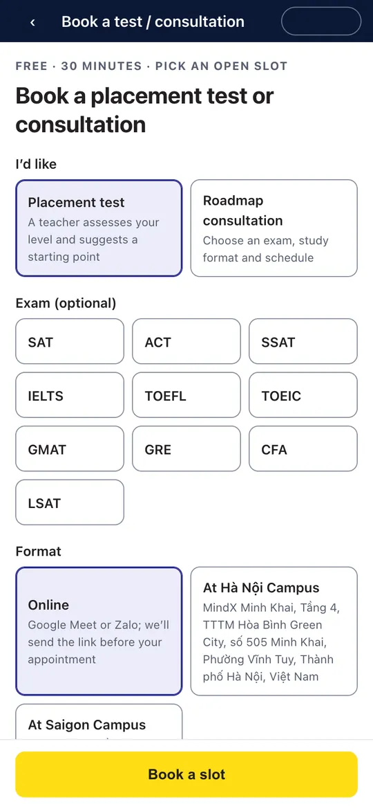 Book a test or consultation