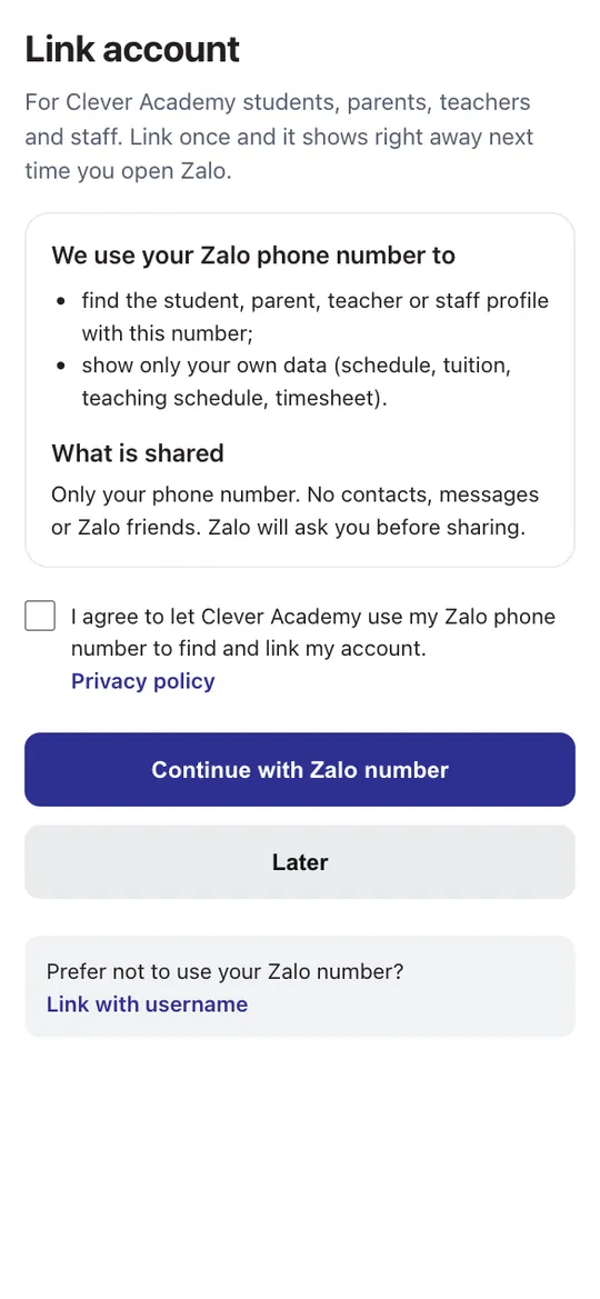 Link with your Zalo number