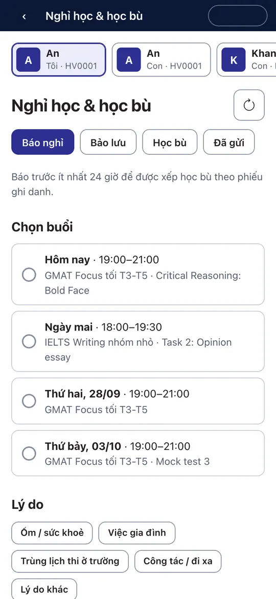 Báo nghỉ, bảo lưu, học bù