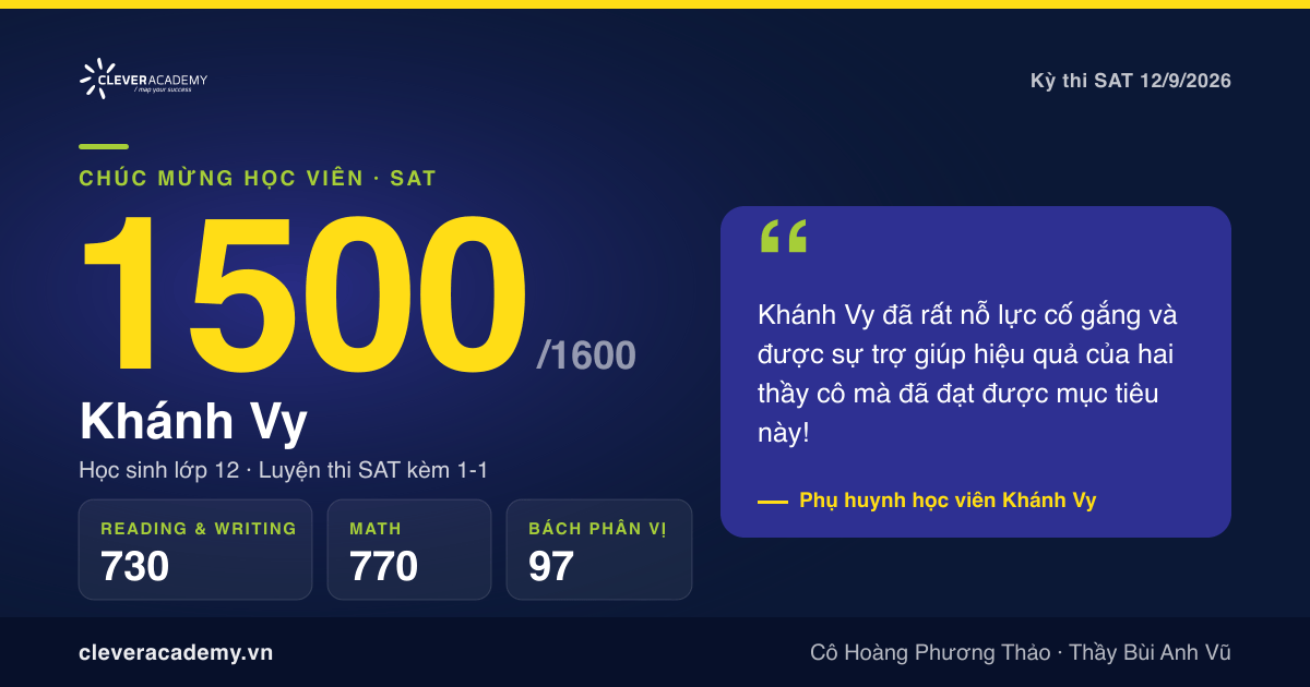 Chúc mừng Khánh Vy đạt 1500 SAT kỳ thi 12/9/2026