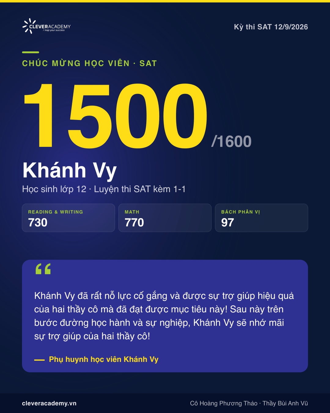 Thẻ vinh danh: Khánh Vy đạt 1500 SAT, Reading and Writing 730, Math 770, kỳ thi 12/9/2026